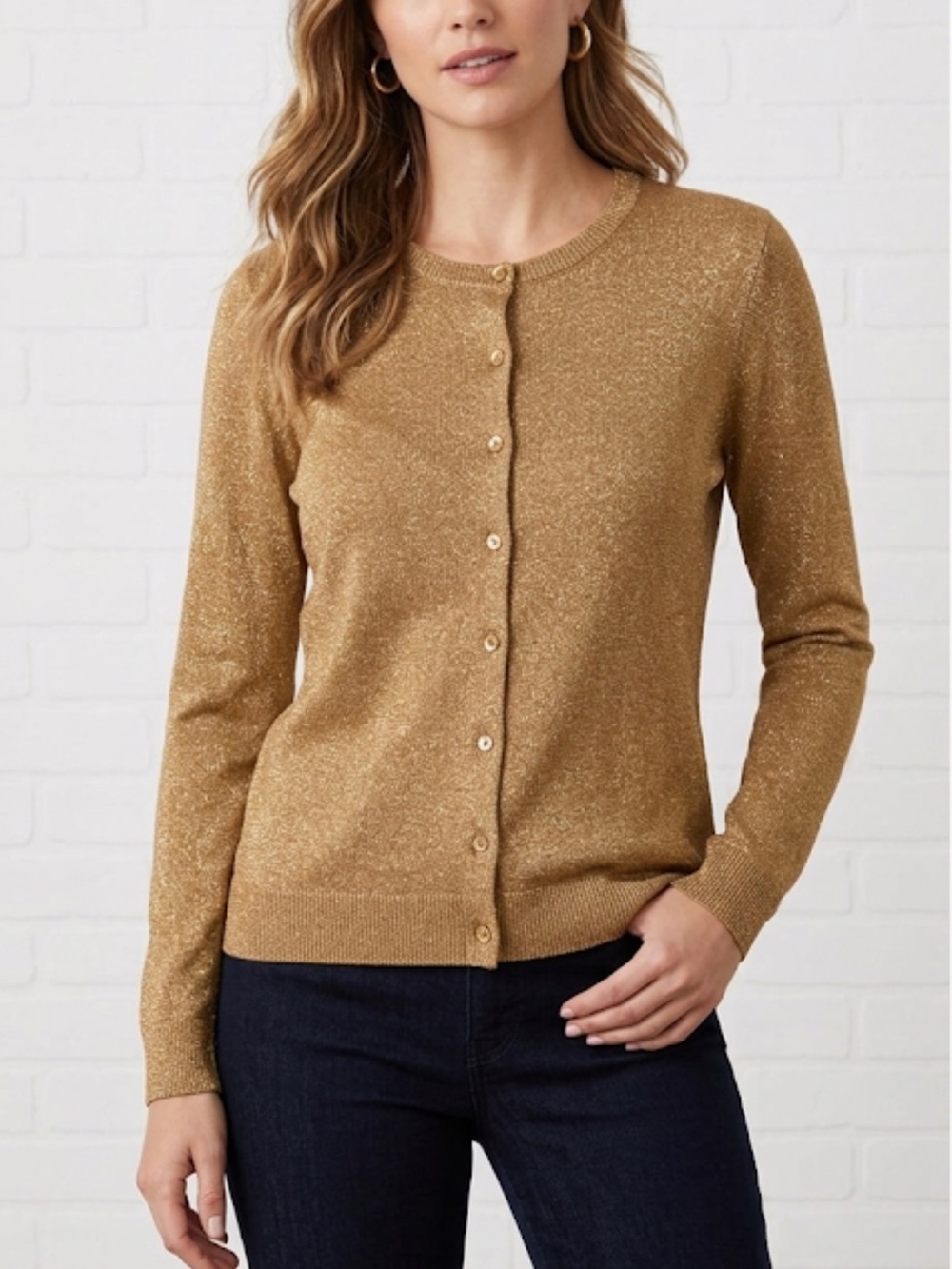 Charter Club Gold Metallic Thread Knit Cardigan Sweater Size L
